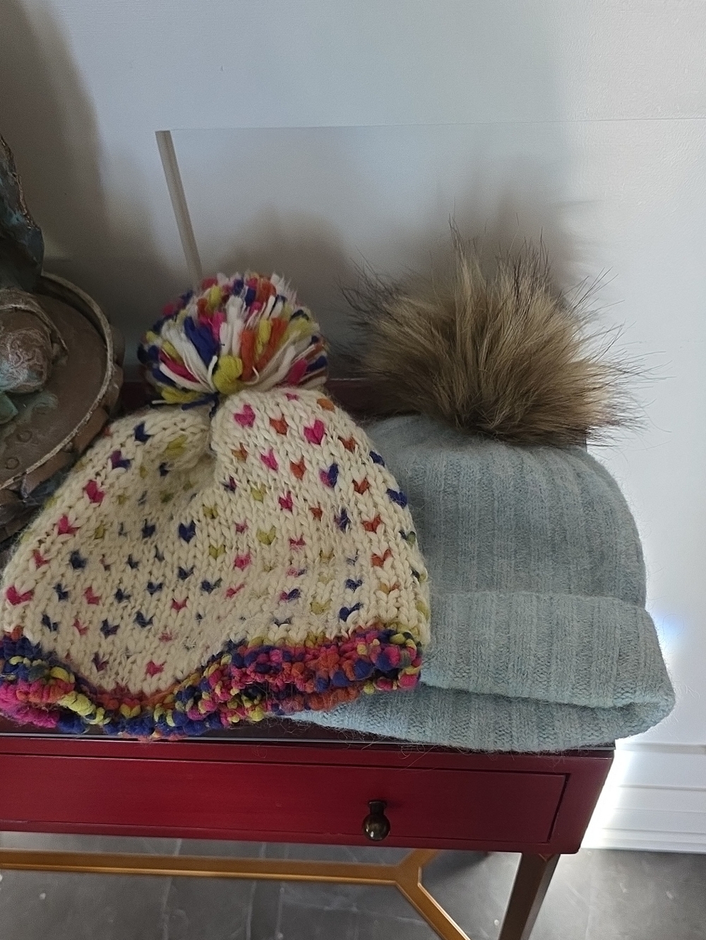 Knit Pom Beanie - Multicolor and Light Blue